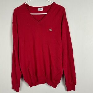 Lacoste 100% Pure New Wool Red V-Neck Sweater Mens Size 5 or Large Pullover Knit